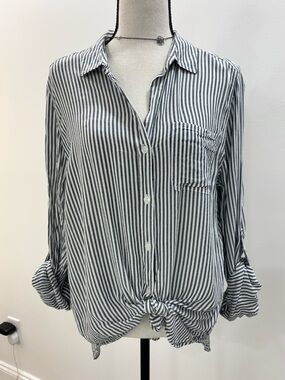 Velvet Heart Long Sleeve Button Down Blouse Soft Comfy Navy/Gray Pinstripe XL